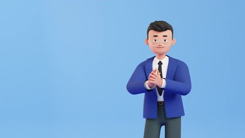 Happy businessman clapping and cheering. 3d render character animation. Excited cheerful man