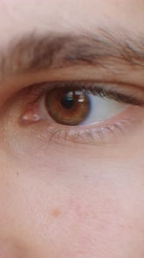 Cinematic Close Up of a Human Brown Eye Slowly Shifting Gaze Revealing Subtle Reflections on the