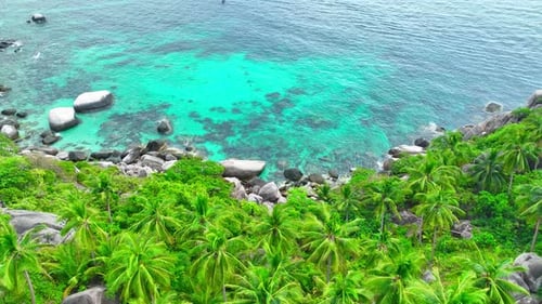 Rocky coastline with green forests and unique blue turquoise sea water.