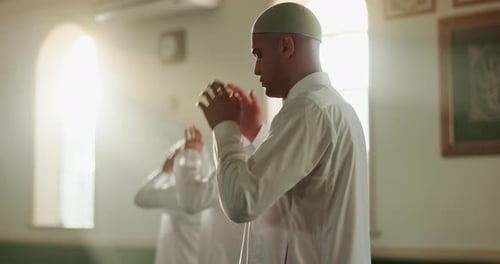 Muslim, people and group prayer in Mosque for peace, faith or gratitude to Allah in holy temple