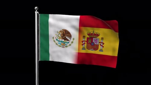 Waving Flags of Mexico and Spain on a Flagpole