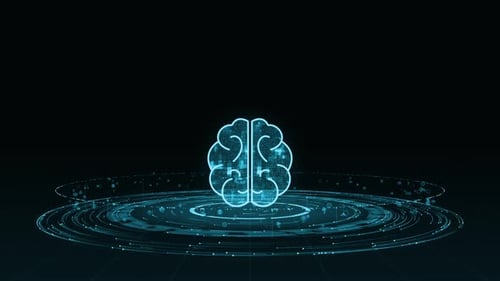 Blue digital brain logo with particle ring circle rotation and ai technology icons