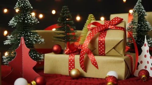 Christmas Presents with Miniature Trees and Festive Lighting