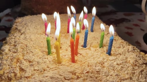 Close Up Shot of Candles of Birthday Cake Being Blowed of Family Friendship Holidayscelebration
