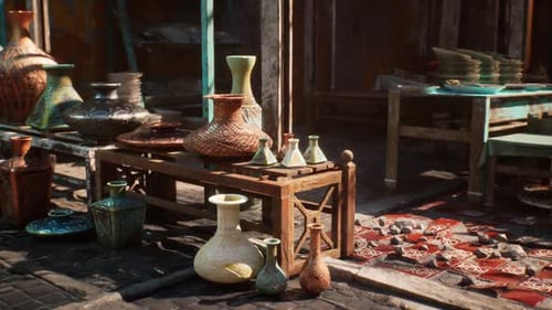 Traditional Pottery and Vases in a Rustic Marketplace Scene