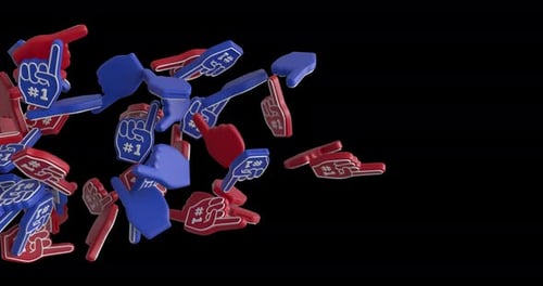Red and Blue Foam Fingers Flying – 3D Animation with Alpha Channel