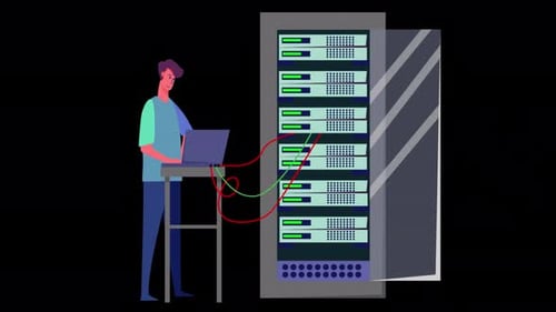 2D Engineer Working On Computer Server Rack Switchboard Alpha Channel 4K