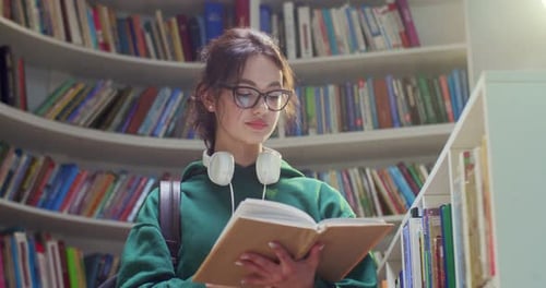 Hübsche kaukasische junge, stilvolle Studentin mit Brille liest Lehrbuch, während sie in der Bibliothek lernt