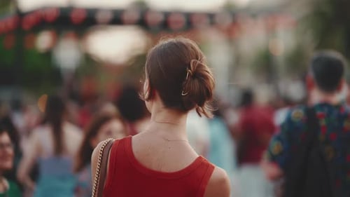 Close-up, girl stands on the square and looks around in the downtown