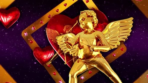 Golden Cupids with Flying Hearts on Starry Background