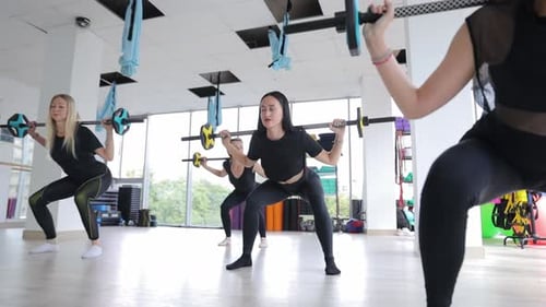 Group of Women in a Fitness Center Doing Exercises with a Barbell