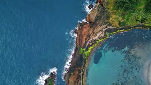 Aerial Coastal Landscape Rocky Shore Picturesque Wild Cliffs on Summer Day