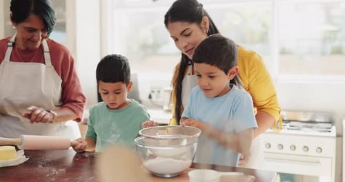 Family Baking Together in Bright Home Kitchen