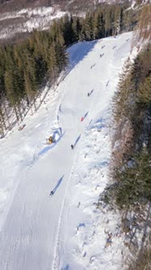 Aerial View of Skiers and Snowboarders on a Snowy Mountain Ski Slope