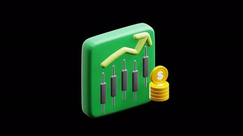 Animated 3D Candlestick Chart with Upward Trend and Dollar Coins