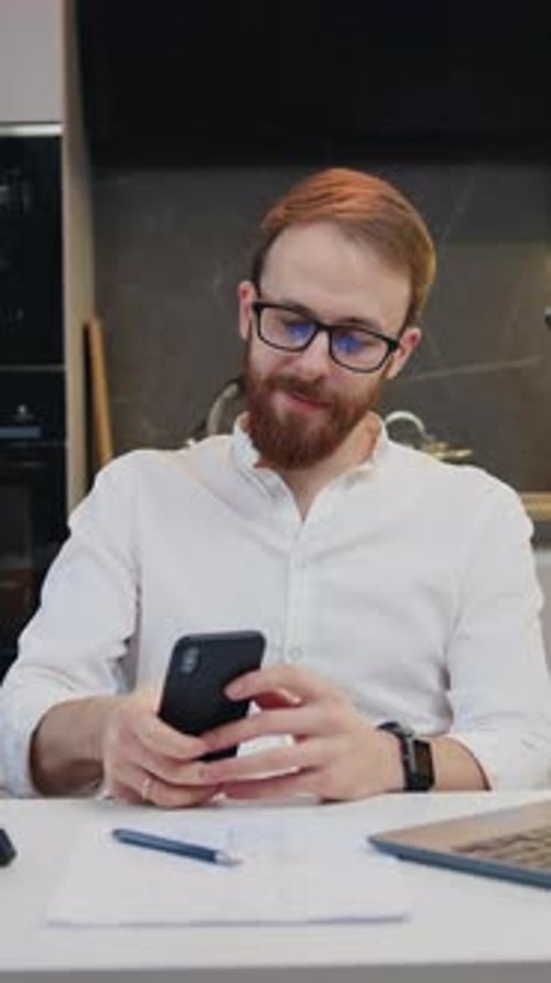 Attractive Businessman Handsome Successful Freelancer Typing Text Into Smartphone and Reading News