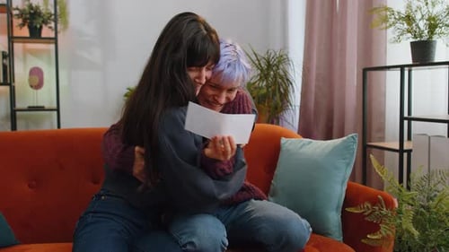 Women Open Envelope Letter Reads It Feel Happy Positive Pregnancy Test Bank Loan Approve Good News