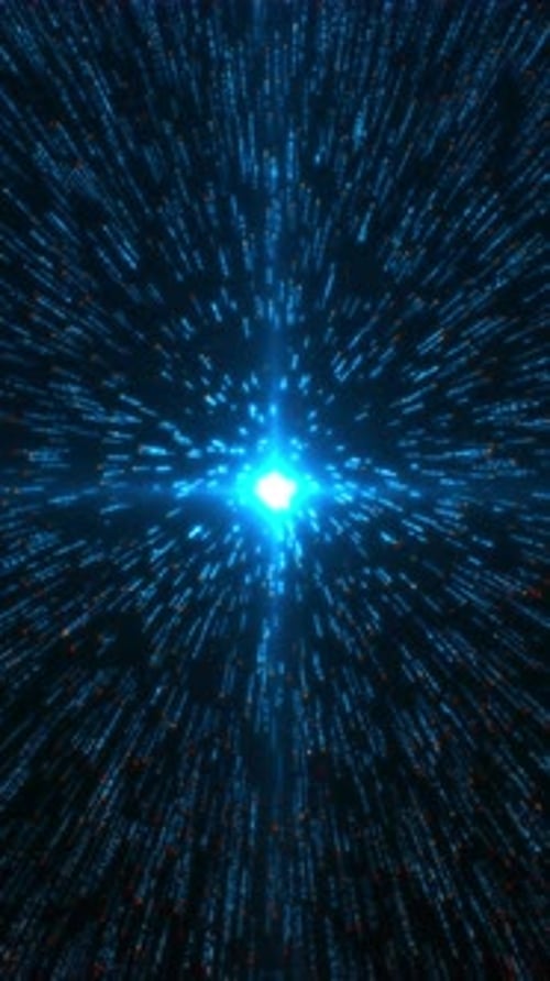 Blue Digital Warp Speed Particle Tunnel with Glowing Data Burst and Hyperspace Light Explosion.