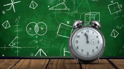 Digital animation of ticking clock over wooden surface against mathematical diagrams on green backgr