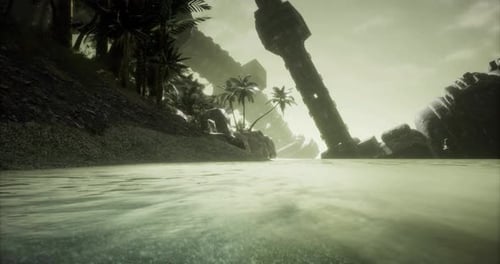Mysterious Alien Ship Emerges From Calm Waters at Dusk in an Exotic Location