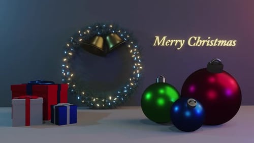 Merry Christmas Greeting with Festive Ornaments and Animated Wreath
