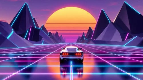 Retro Synthwave Sports Car Driving Loop on Neon Grid