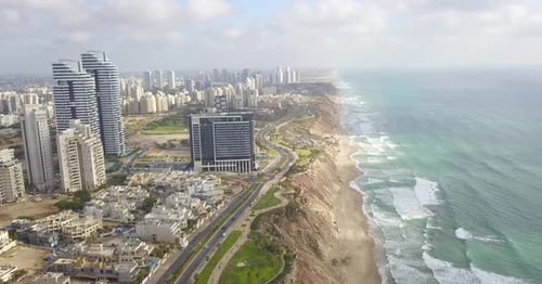 Aerial view of Netanya City and it's coastline- part of the Israeli coastal plain
