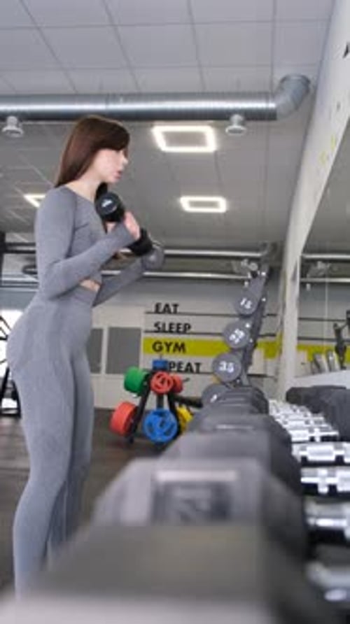 Sporty Woman Lifting Dumbbells in the Gym Near the Mirror Beautiful Body of a Trained Girl Vertical