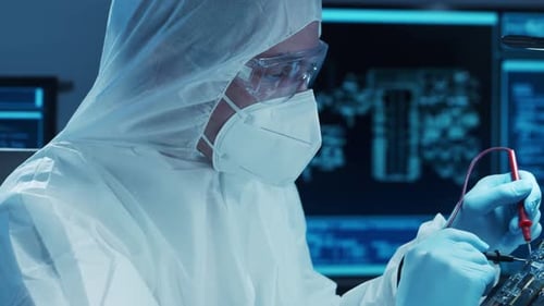 Microelectronics Engineer Works in a Modern Scientific Laboratory on Computing Systems and