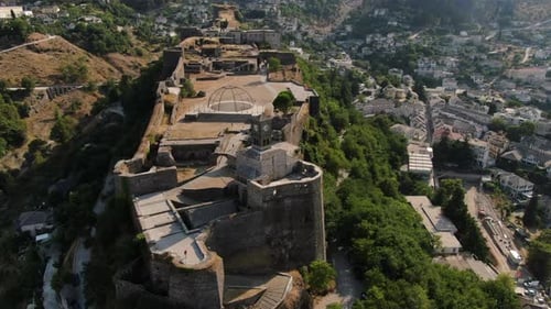 Drone shot 4k of clock of Gjirokastra castleGjirokastra Castle is a castle in Gjirokastra, Albania.