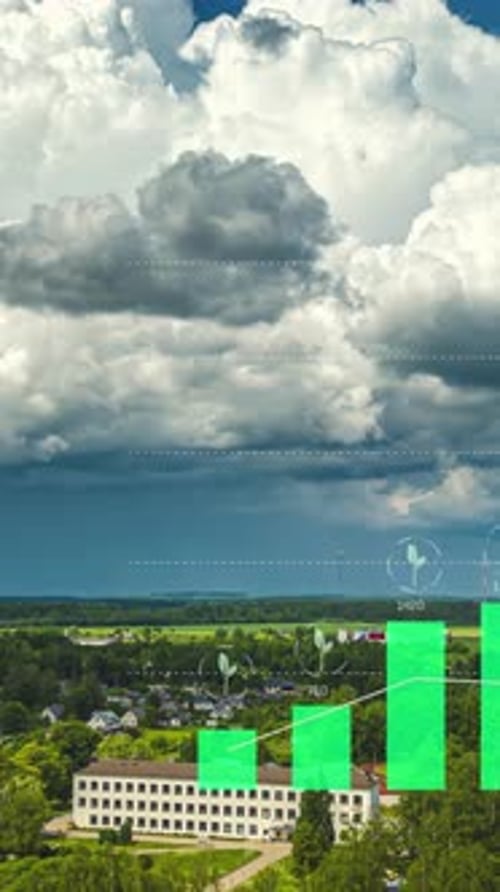 Energy saving bar graph due to sustainable solution with aerial city hyper lapse