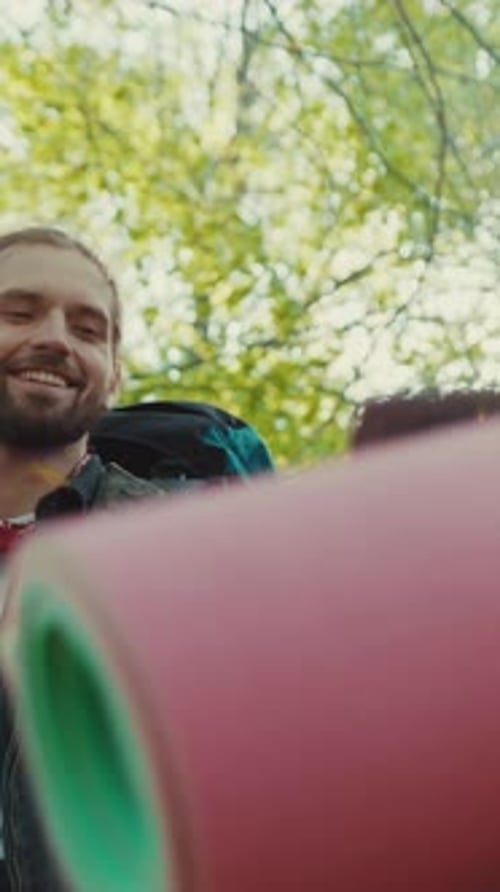 O caminhante masculino ajuda sua amiga a subir no alto penhasco, ambos apreciando a vista, a natureza da floresta