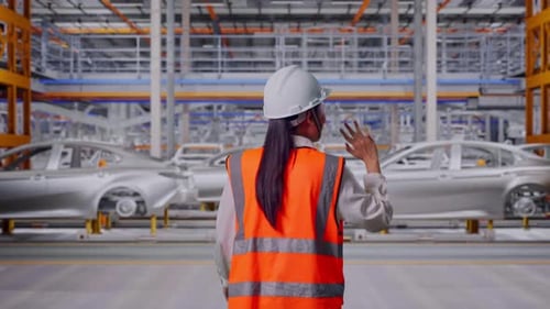 Dos d'une ingénieure asiatique agitant la main en disant au revoir en marchant dans une usine automobile