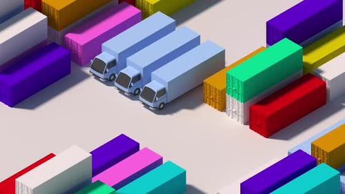 Isometric Logistics Animation with Delivery Trucks and Containers