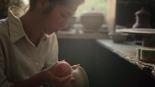 Closeup Serious Woman Drawing On Clay Pot In Workshop. Focused Ceramist Doing Handcraft In Studio...