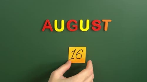 Hand sticking a sticker 16 August calendar day on school board. 16 date of august. Sixteenth day