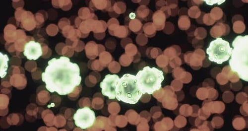 Glowing Microscopic Virus Particles Floating in Dark Background