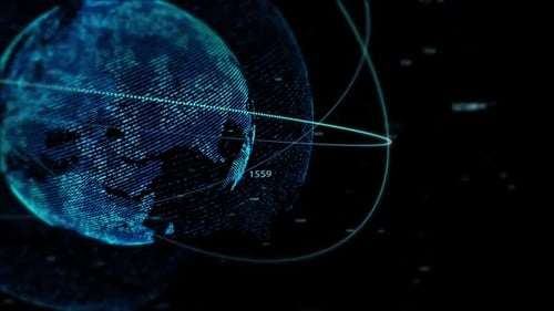 Futuristic network globe with numbers, view from space and flare of light.