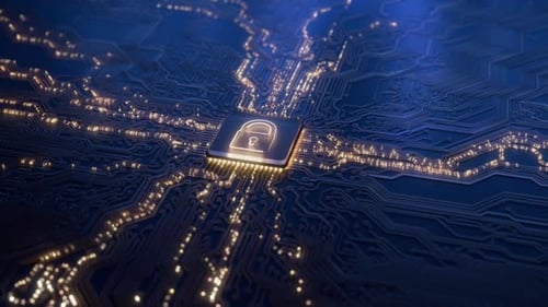 Digitales Sicherheitshologramm des virtuellen Schlosssymbols auf der Leiterplatte, Konzept des Finanzdatenschutzes und