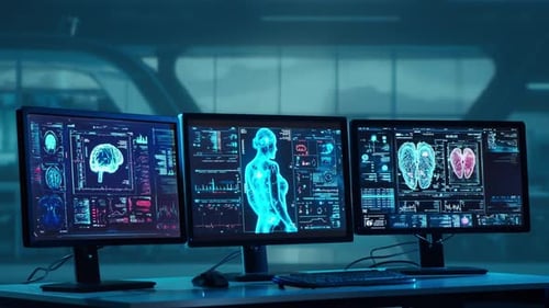 Doctor Working at Futuristic Office Multiple Monitors Displaying Medical Images Data and Body Scans