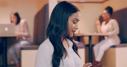 Cafeteria, tablet and face of business woman with smile working online for research