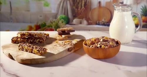 Camera slowly pulls back, revealing granola bars, pieces, cereal bowl, and milk jug on a wooden coun