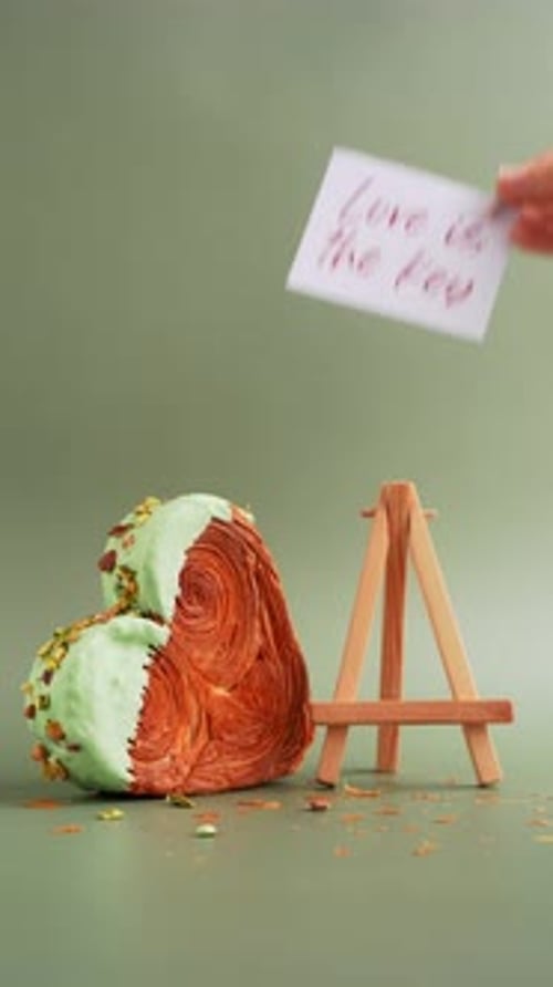 LOVE IS THE KEY Text on Paper Note Morning Card Valentines Day Gift Present Heart Shaped Pistachio