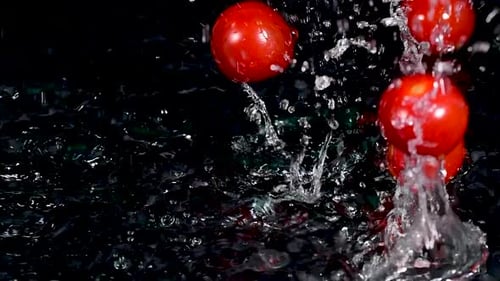 Tomatoes Falling Into The Water With a Splash and Bubbles on Black Background