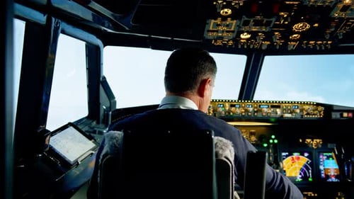 Ein Flugzeugpilot steuert während des Fluges oder Starts den Gashebel. Ansicht aus der Kabine