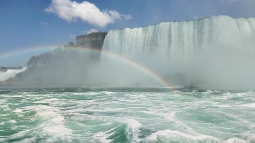 View of the rainbow over Niagara Falls from the Niagara River 4K