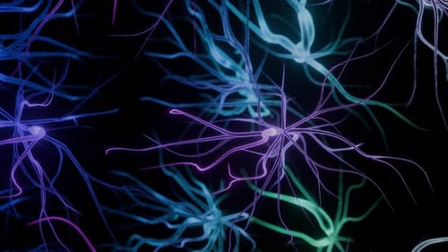 Abstract 3D of glowing neural network cells, depicting brain activity, neurons, and synapses.
