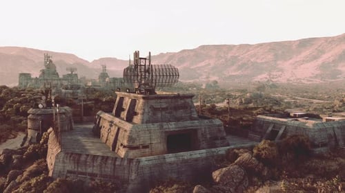 Eine futuristische Stadt mit einer Militärbasis, einem Kriegsbunker im Hintergrund