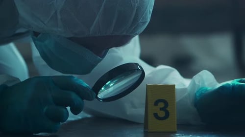 Researcher Examines Evidence with Magnifying Glass at Crime Scene