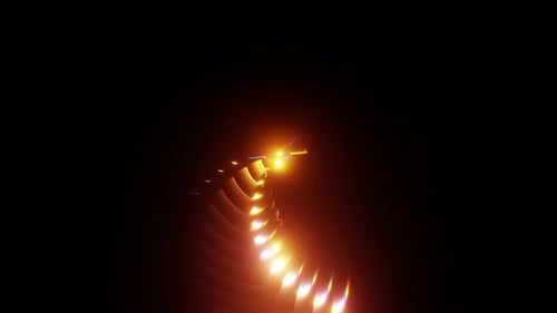 Transformation géométrique abstraite en spirale avec des reflets bleus et jaunes, rendu 3D de la boucle VJ au néon